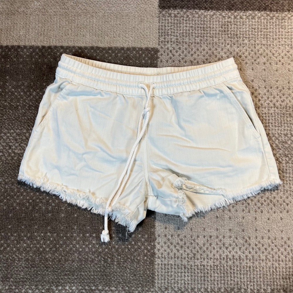 Aerie Womens XS Cream Denim Drawstring Shorts Frayed Raw Hem Cotton Blend XS